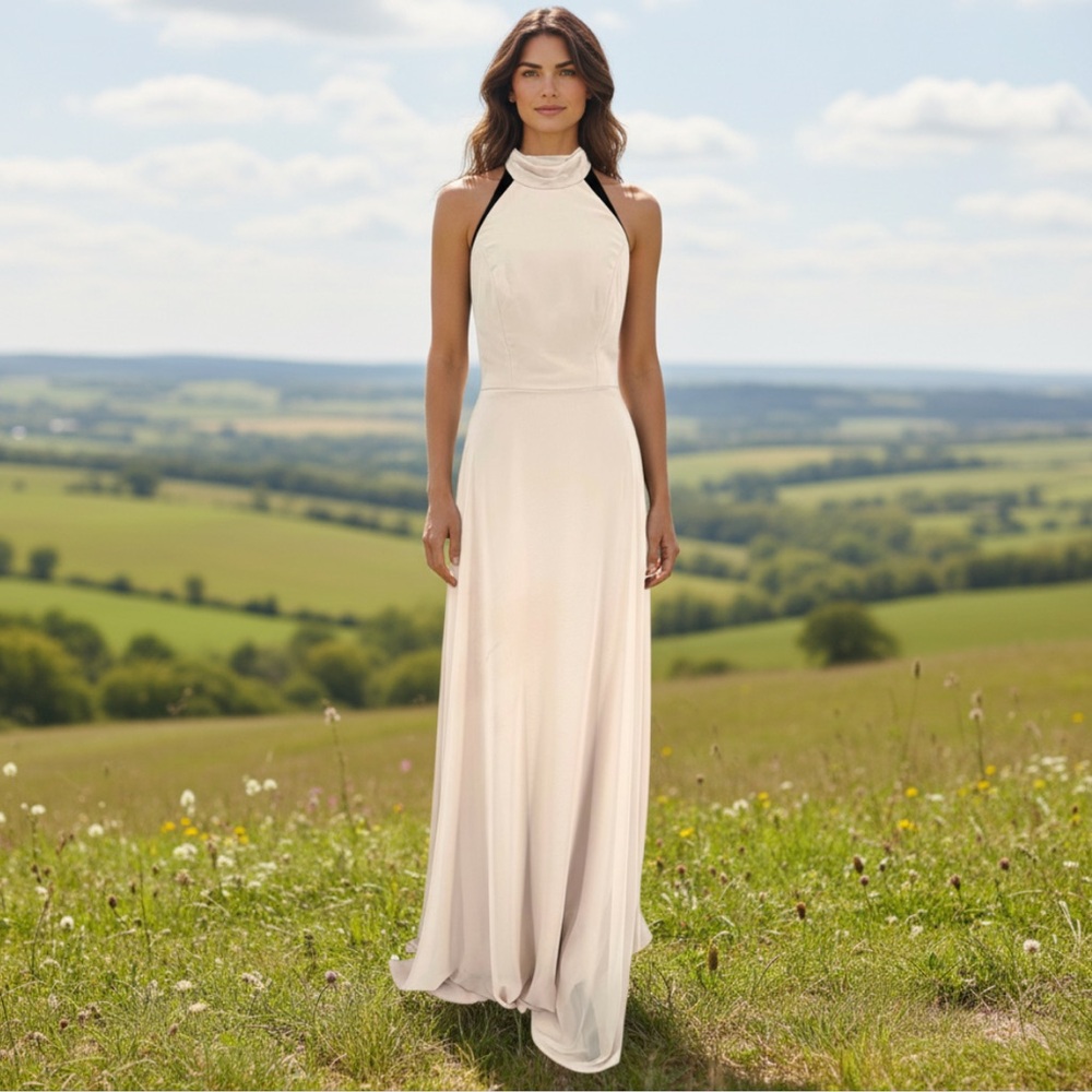 After Six 1545 High‎ Neck Halter Backless Maxi Dress, Cameo Blush, Size 0, NWT